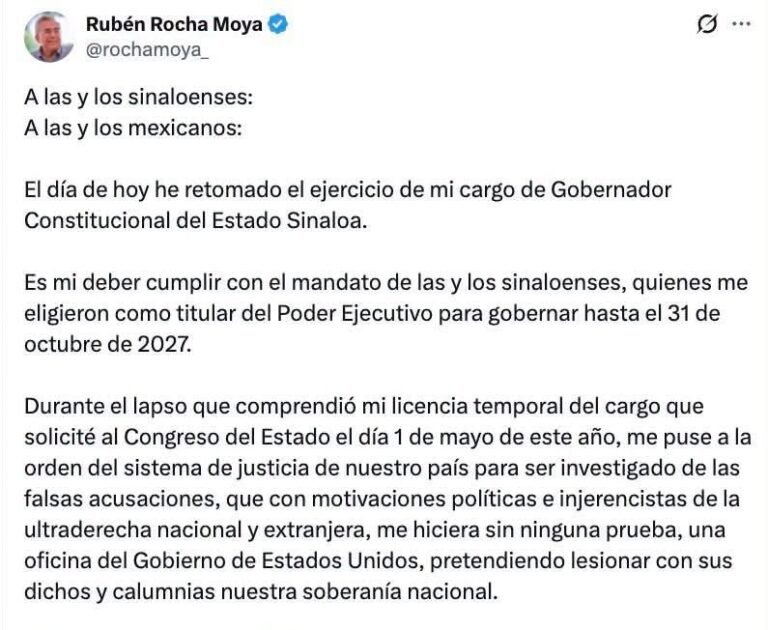 Rubén Rocha Moya retoma la gubernatura de Sinaloa tras 112 días de licencia